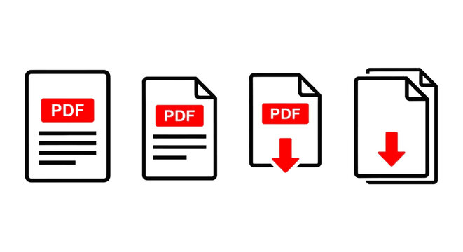 Four PDF documents icons with red download arrow on white