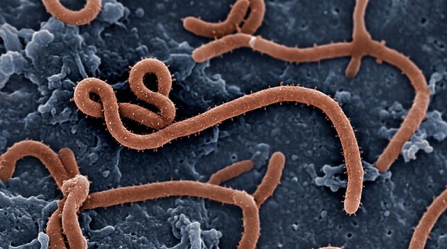 Colorized scanning electron micrograph of ebola virus particles