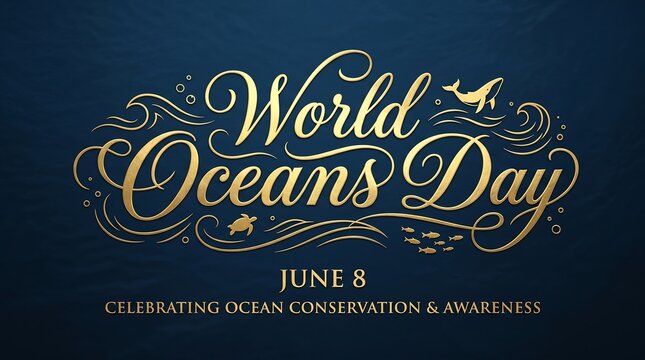 World Oceans Day elegant gold calligraphy on dark blue background, June 8 ocean conservation and awareness banner, marine life script typography