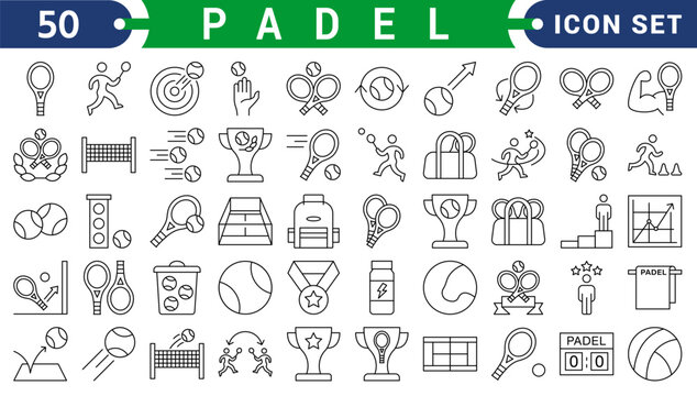 Padel Icons set. Containing Icons. racket, court, ball, and more. Vector illustration