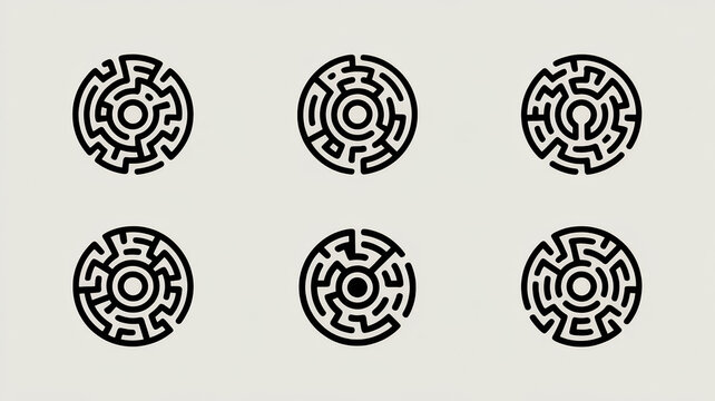 Set of circular maze icons, labyrinth symbols, vector illustration