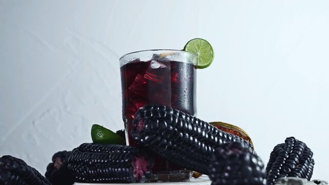 Purple Corn Drink Chicha Morada Ingredients with Ice and Lime