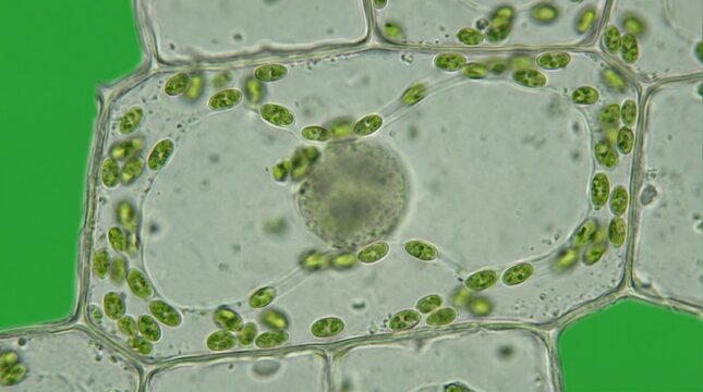 Microscopic view of plant cell with moving chloroplasts during photosynthesis