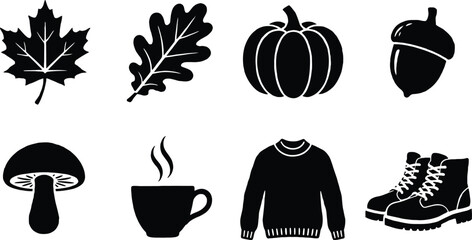 Autumn elements vector set with maple leaf oak pumpkin acorn mushroom coffee © MehediHasan