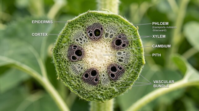Detailed cross section of a sunflower stem showing internal vascular structure in natural light
