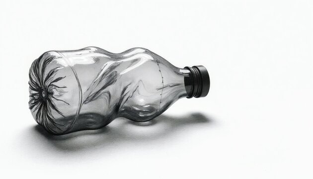 Crumpled plastic bottle with black cap rests on white surface. The illustration shows the deformed empty container and its shadow with fine details and lines.