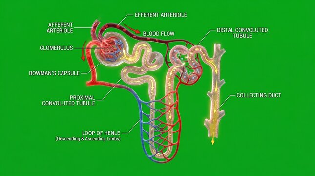Anatomical illustration of a nephron filtering blood within the kidney