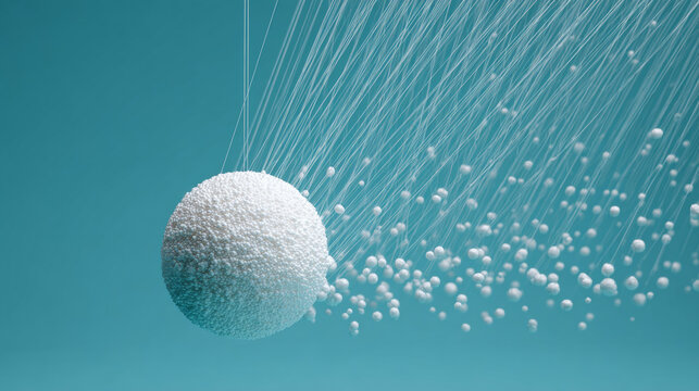White 3D sphere being lifted by hundreds of tiny invisible threads on cyan background, abstract teamwork concept