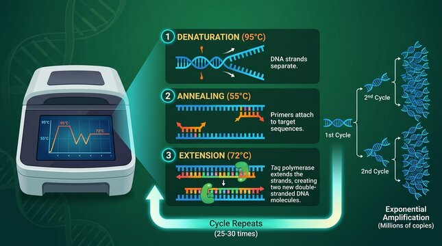 Digital PCR thermal cycler interface displaying real-time DNA amplification data in futuristic lab setting