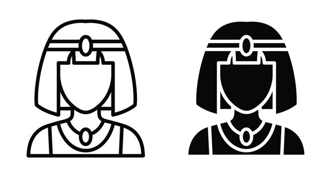 Egyptian woman queen icon set featuring ancient pharaoh female avatar in line and solid glyph style for web design history