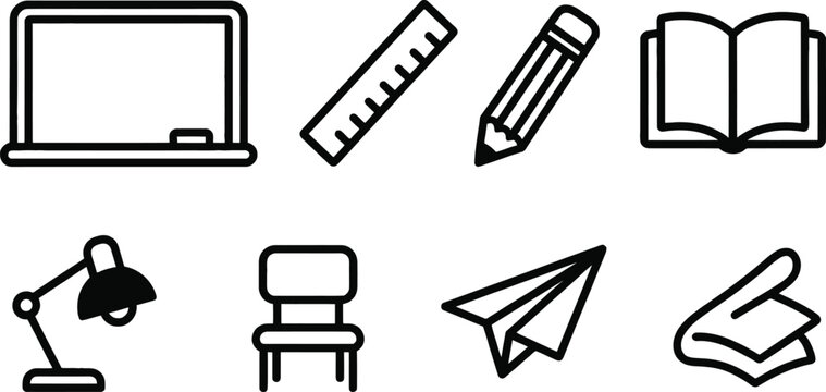 School elements vector set with blackboard ruler pencil book desk lamp