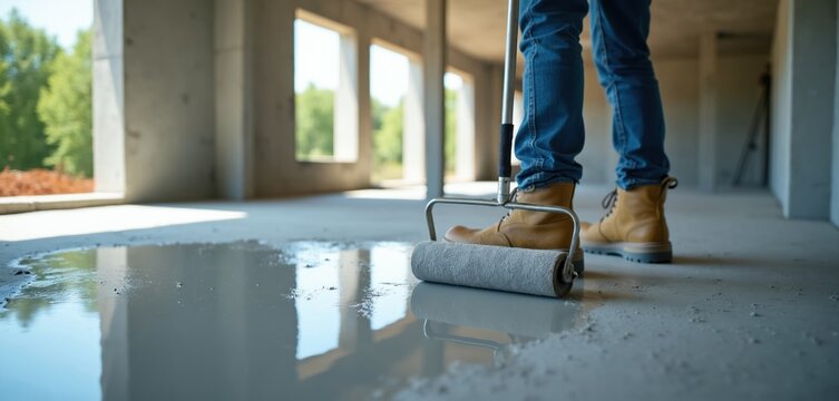 Worker applies liquid resin with roller on concrete floor inside unfinished building. Pro waterproofing process protects house structure from moisture. Manual labor for home improvement project.