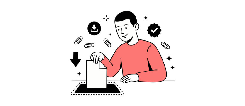 Document upload file download illustration of a happy man submitting digital paper documents for smart business workflow, online cloud data storage, database management, and task approval processes.