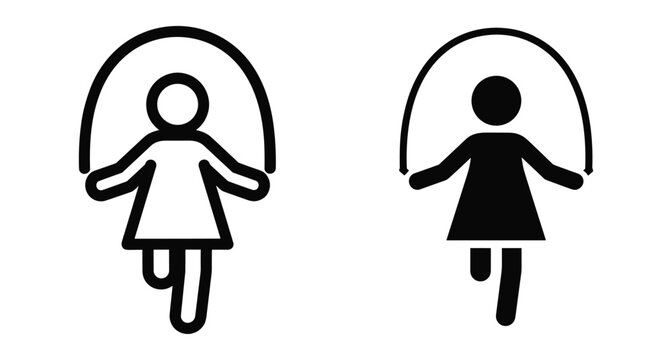 Girl jumping rope icon set featuring outline and solid silhouette styles for fitness sports exercise childhood play and healthy lifestyle