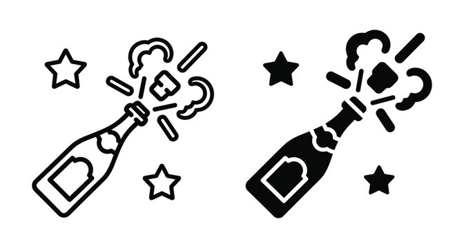 Champagne bottle popping with cork flying out and stars in outline and solid silhouette styles for celebration and party events