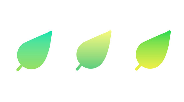 3D render of three gradient leaf icons in green and yellow tones, smooth rounded shapes with stems, isolated on transparent background, modern eco design symbolizing nature and sustainability. png