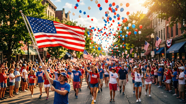 Large Independence Day parade crowd celebrating with a waving American flag and colorful red white and blue balloons, showcasing festive community spirit under summer sunshine