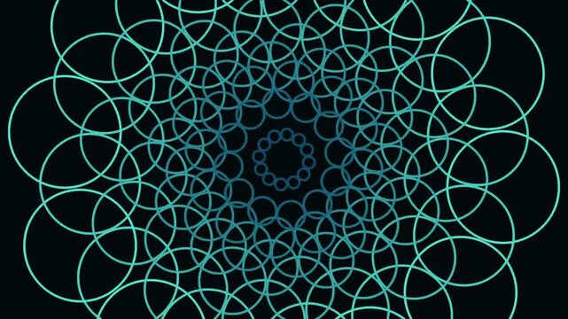 Intricate fractal mandala pattern with glowing teal geometric circles on a dark background, creating a mesmerizing