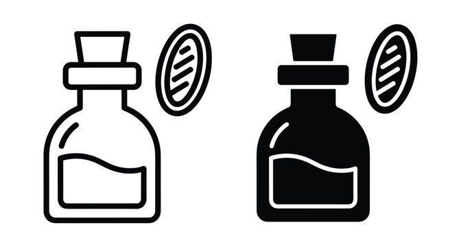 Glass potion bottle with cork stopper and herbal seed icon set in outline and solid black style for game UI