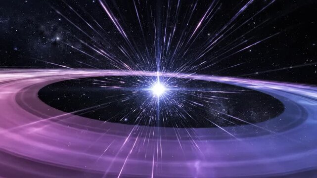 Abstract illustration of a black hole with a bright light source and surrounding rings in deep space.