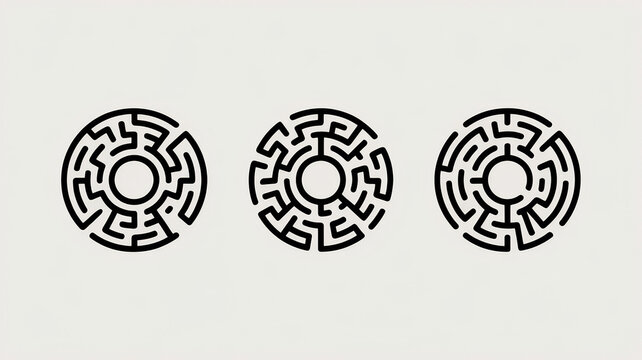 Set of three circular maze icons or labyrinth symbols