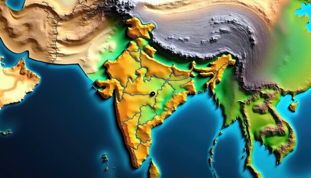 3D map illustration shows India with borders and relief terrain. It is surrounded by dark blue ocean water and neighboring countries are visible. A black circle marks a central location.