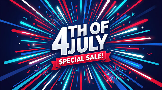 4th of July special sale banner with explosive patriotic fireworks, bold promotional typography and festive red white and blue design for American holiday marketing campaigns