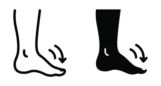 Human foot ankle movement icon showing plantar flexion downward motion exercise physical therapy medical anatomy symbol outline and solid silhouette