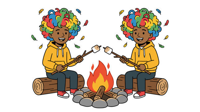 Two identical happy young adults with vibrant rainbow wigs sitting on logs and roasting marshmallows over open outdoor campfire. Joyful summer camping and bonfire concept