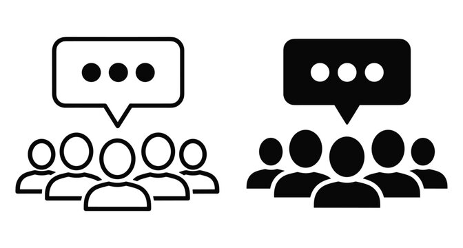 Group of people with speech bubble icons representing team communication community feedback discussion social interaction meeting forum chat and collaboration