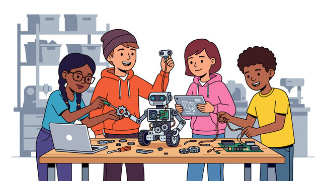 Four diverse young students working together as a team inside tech workshop to build and code a smart mobile robot toy. Educational stem science club concept