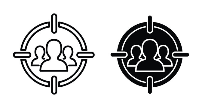 Target audience icon set with human silhouettes inside crosshair symbols for marketing strategy business recruitment and customer focus demographic analysis