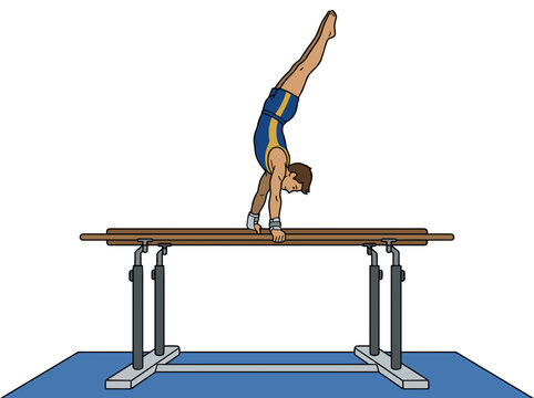 Dedicated young male gymnast performing intricate routine on parallel bars on blue mat inside professional gymnastics gym. Youth athletic training and fitness concept