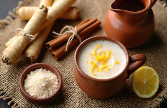 Chufa tubers cinnamon and lemon garnish traditional horchata drink in clay cup. Ground chufa spice and jug nearby. Rustic food prep for refreshing beverage.