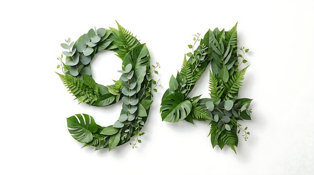 Close-up of numeral 94 made from fresh green leaves on white background, natural and vibrant style