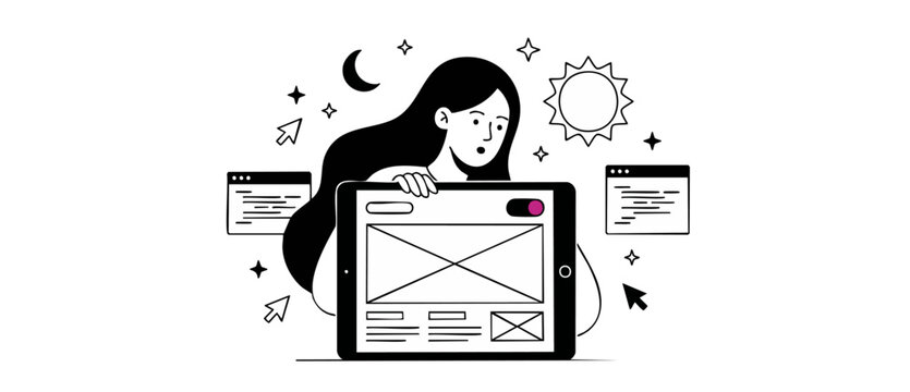 Web designer tablet wireframe app developing dark mode interface design on mobile device. Minimalist flat vector illustration of skilled female programmer coding website layouts day and night workflow