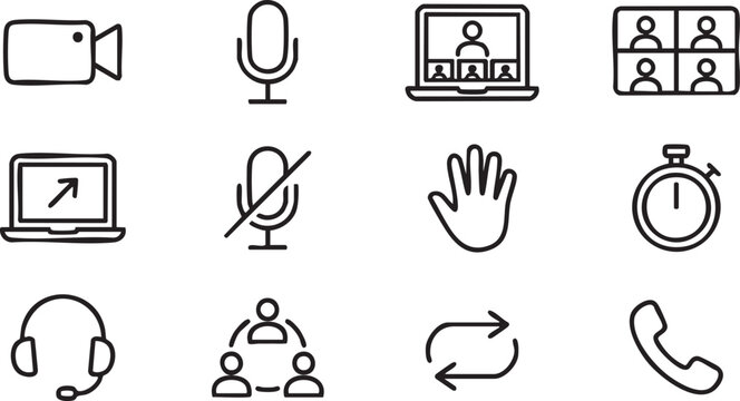 Set of hand drawn video conference and communication icons