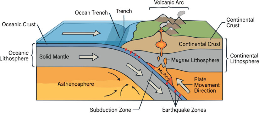 Diagram of Tectonic Plate Subduction Zone and Volcanic Arc