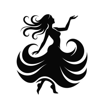 Elegant dancing woman silhouette vector, graceful female dancer in flowing dress, black and white artistic lady figure for beauty and fashion branding