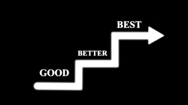 If you like it, please tick the box "Best" . Highlight staircase progress from good to better to best , goal achievement, in personal or professional growth on a black background 4K video
