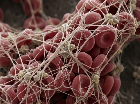 Blood clot with red blood cells caught in fibrin mesh coagulation thrombosis