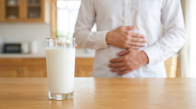 A man holds his stomach in pain after drinking a glass of milk, highlighting lactose intolerance and digestive discomfort
