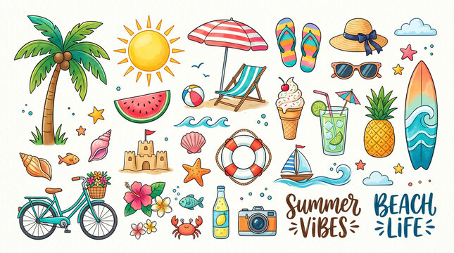 Large collection of colorful summer beach elements and tropical vacation icons vector illustration