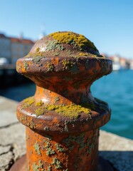 Obraz premium Old rusted bollard with moss sits on concrete pier. Turquoise ocean water and buildings are blurred in background. Sunny day at seaside port.
