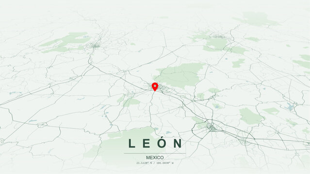 Modern minimalist vector map of Leon, Guanajuato, Mexico. High-quality scalable illustration of Leon city grid, Rio de los Gomez concrete channel axis for posters and design.