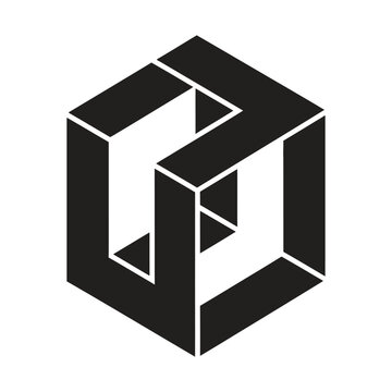 Minimalist isometric cube logo, geometric 3D box icon, abstract black and white linear shape for corporate branding