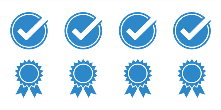 Collection of blue check mark badge icons and award medals for quality certification and approval.