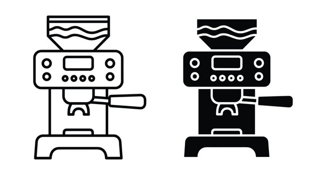 Professional espresso coffee machine icon set with portafilter and bean hopper for cafe restaurant menu design and kitchen appliance branding