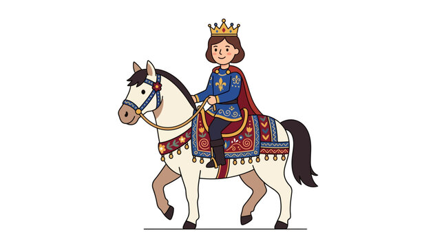 Cartoon Illustration of a Medieval Prince Riding a White Horse.