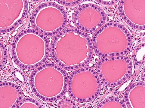 Histology micrograph of thyroid gland tissue with histology, microscope